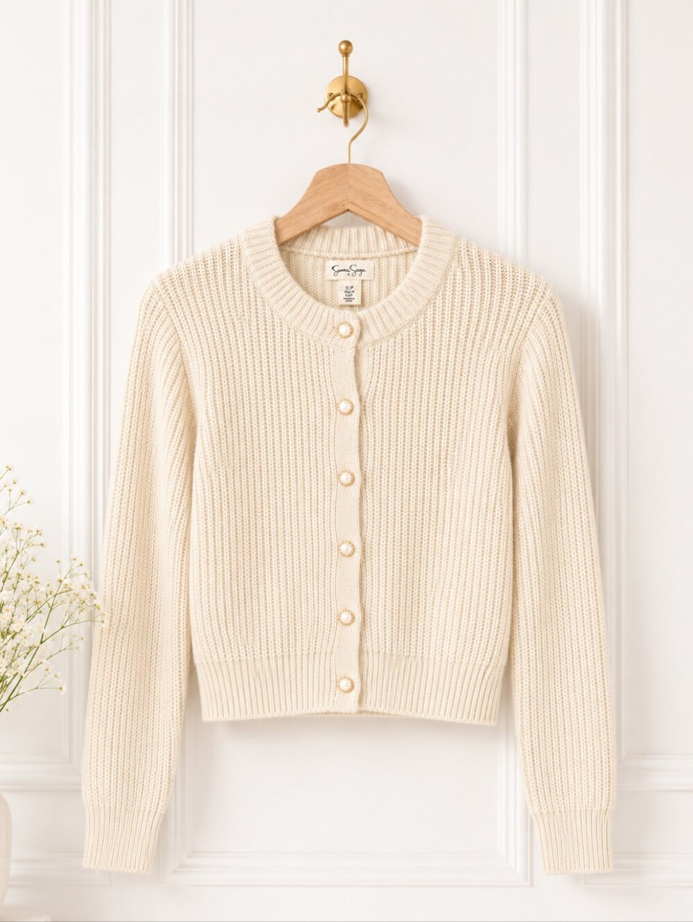 Jessica Simpson Cream Pearl Button Cropped Cardigan Size M | Rib Knit Sweater - Picture 6 of 11